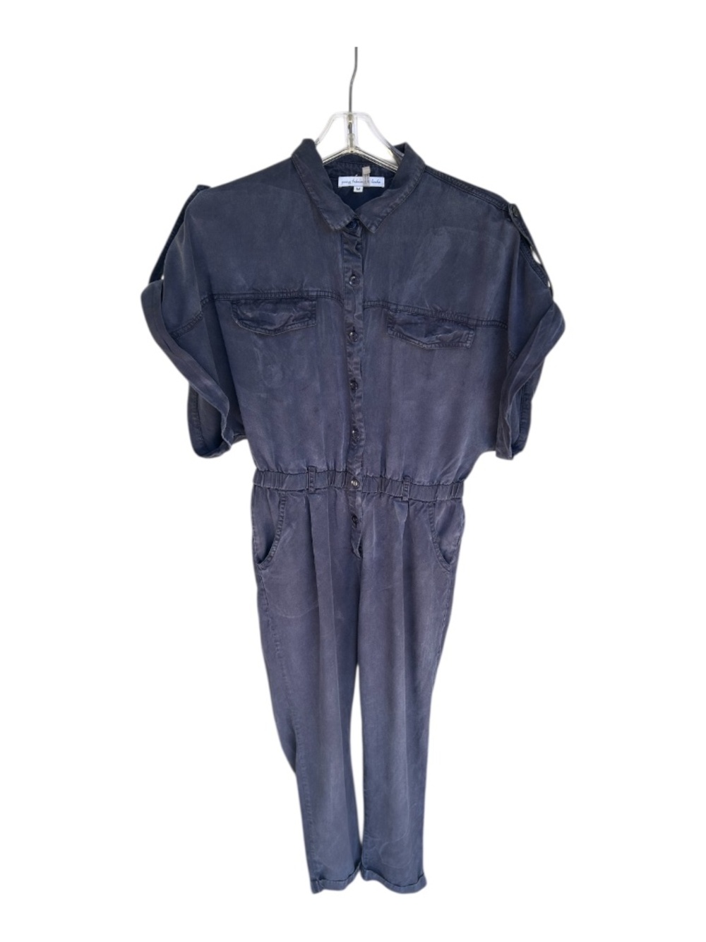 YFB Navy Short Sleeve Utility Minimalist Jumpsuit Button Front Tencel Size M